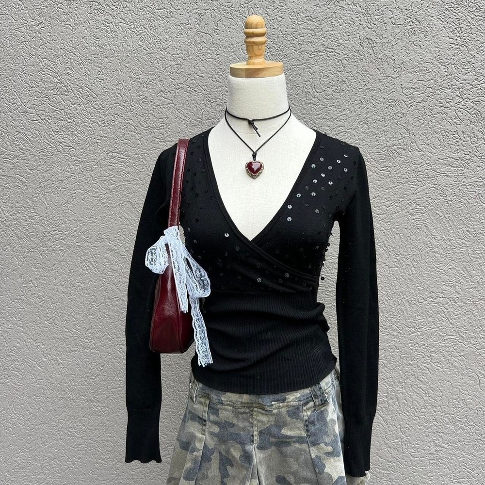 Vintage Y2K Silk Blend Black Sequin Top Blouse Size Small Glam Goth